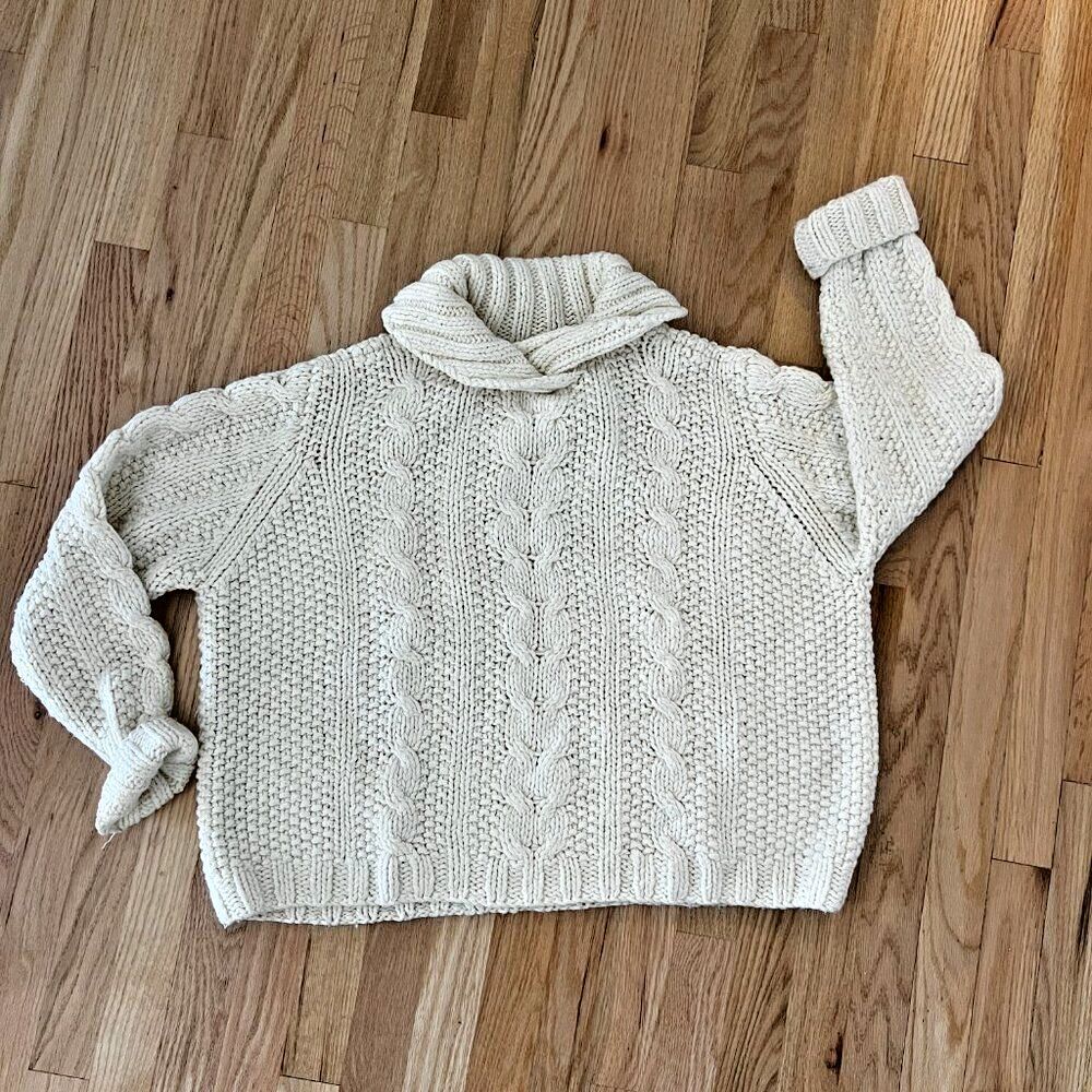 vintage 80s chunky knit cream cable knit shawl neck winter sweater 2X cozy cabin
